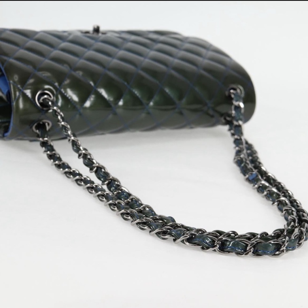 CHANEL Jumbo Double flap Matelasse Chain Bag Patent Leather 2way Blue Silver - Picture 5 of 16